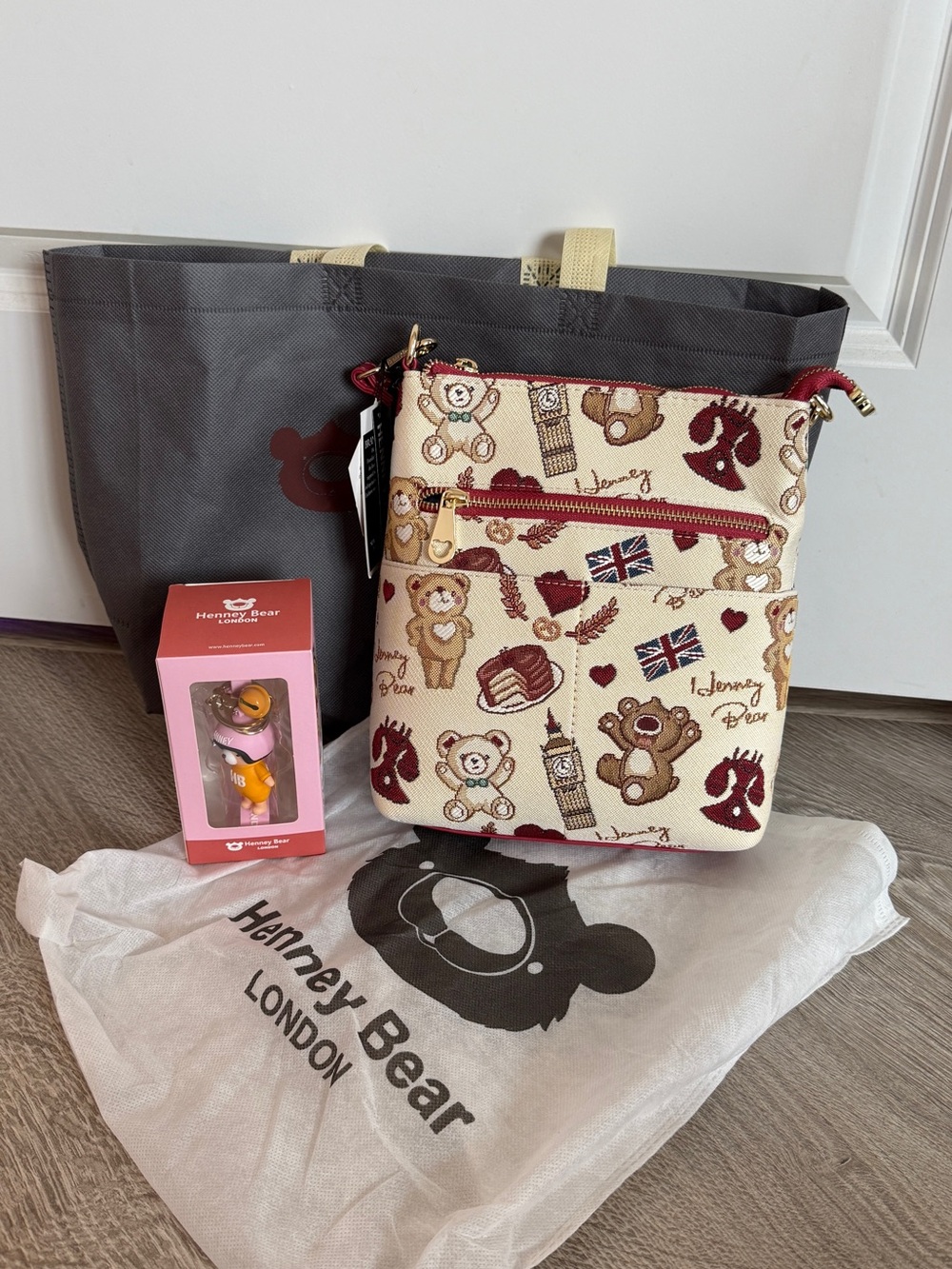 Henney Bear London Big Ben - Beige & Burgundy Crossbody Bag & Bear Bag Charm